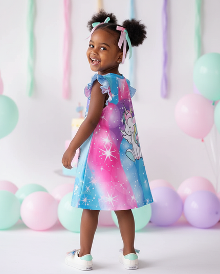 girls rainbow unicorn print dress - back
