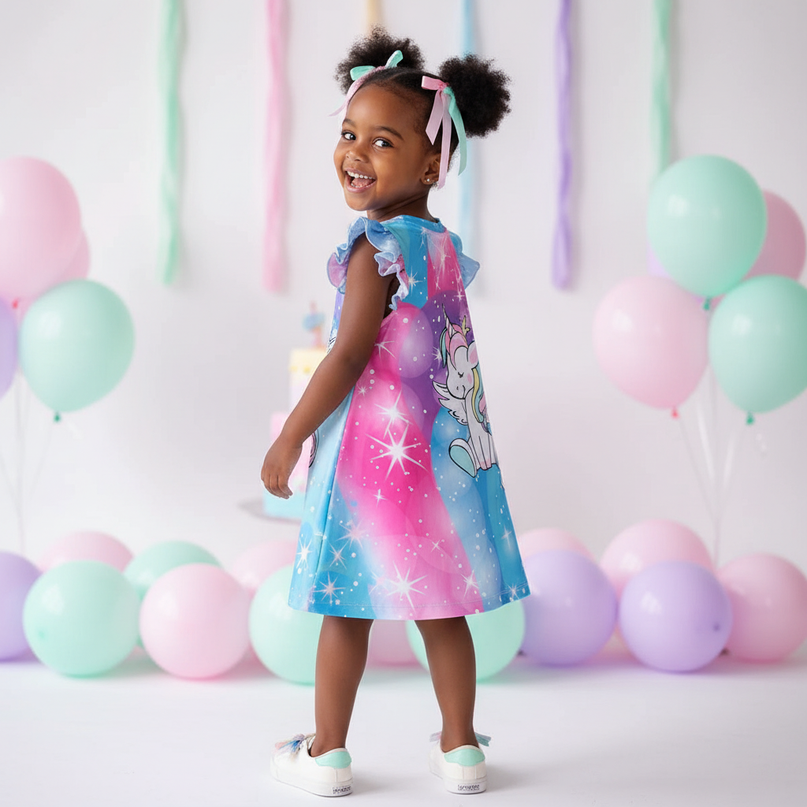 girls rainbow unicorn print dress - back