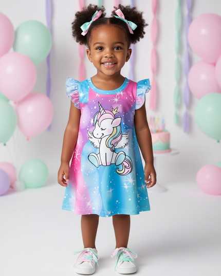 girls rainbow unicorn print dress - detail