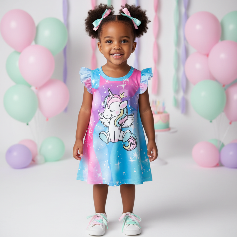 girls rainbow unicorn print dress - detail