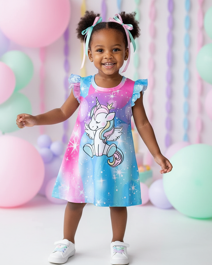 girls rainbow unicorn print dress - front