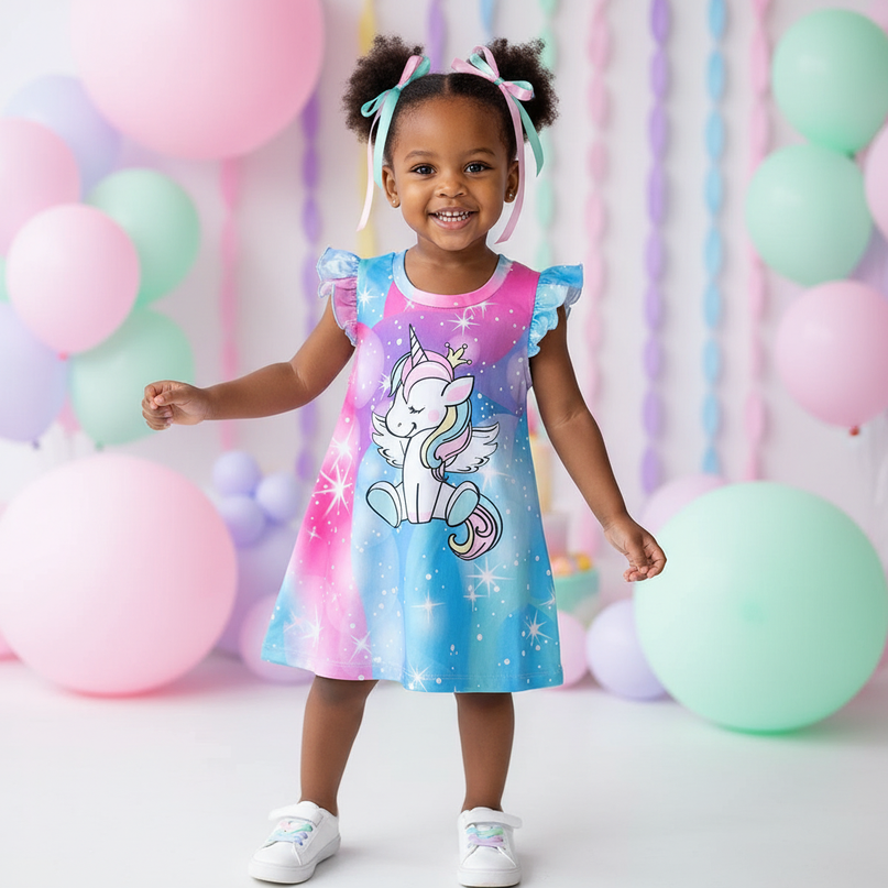 girls rainbow unicorn print dress - front