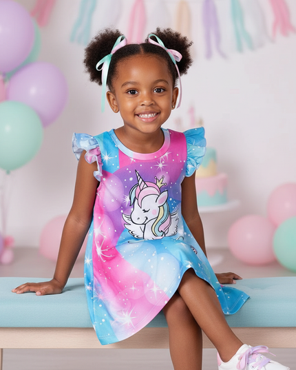 girls rainbow unicorn print dress - sitting