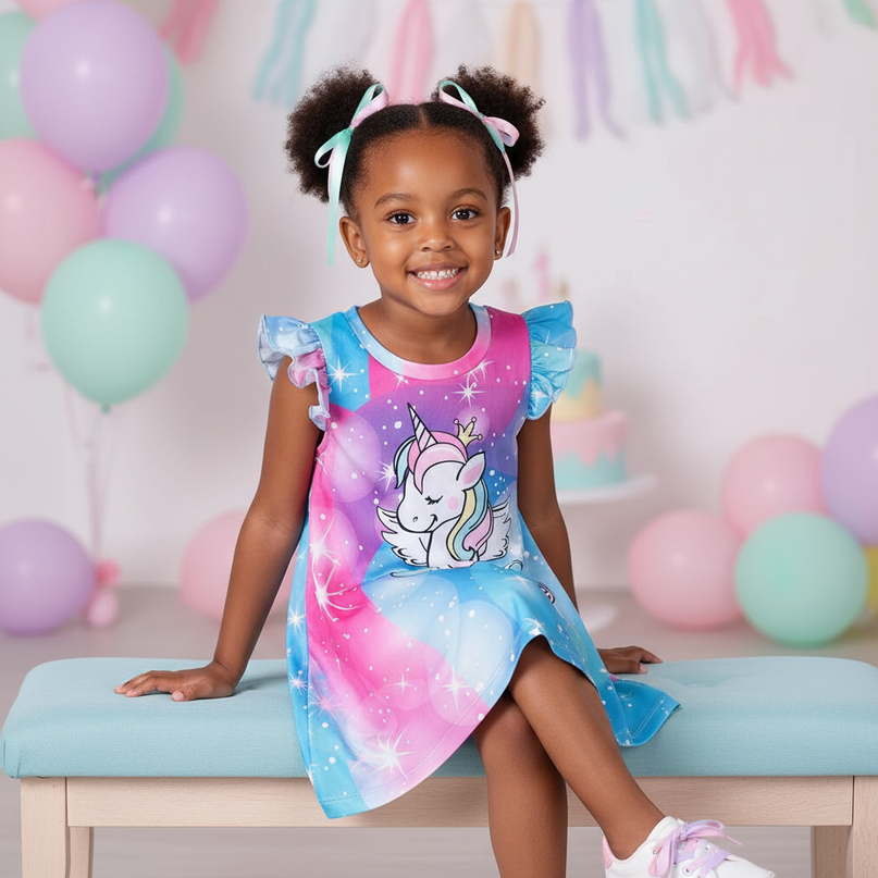 girls rainbow unicorn print dress - sitting