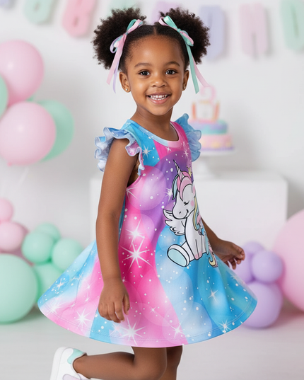 girls rainbow unicorn print dress - three-quarter