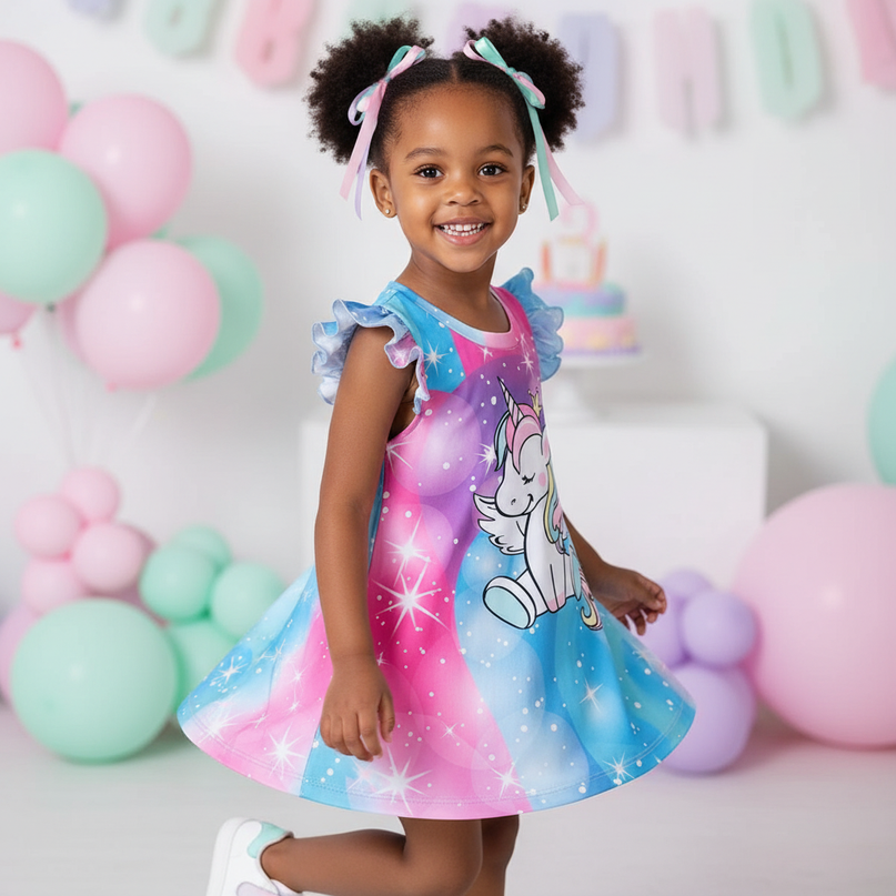 girls rainbow unicorn print dress - three-quarter