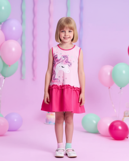girls sleeveless unicorn print dress - detail