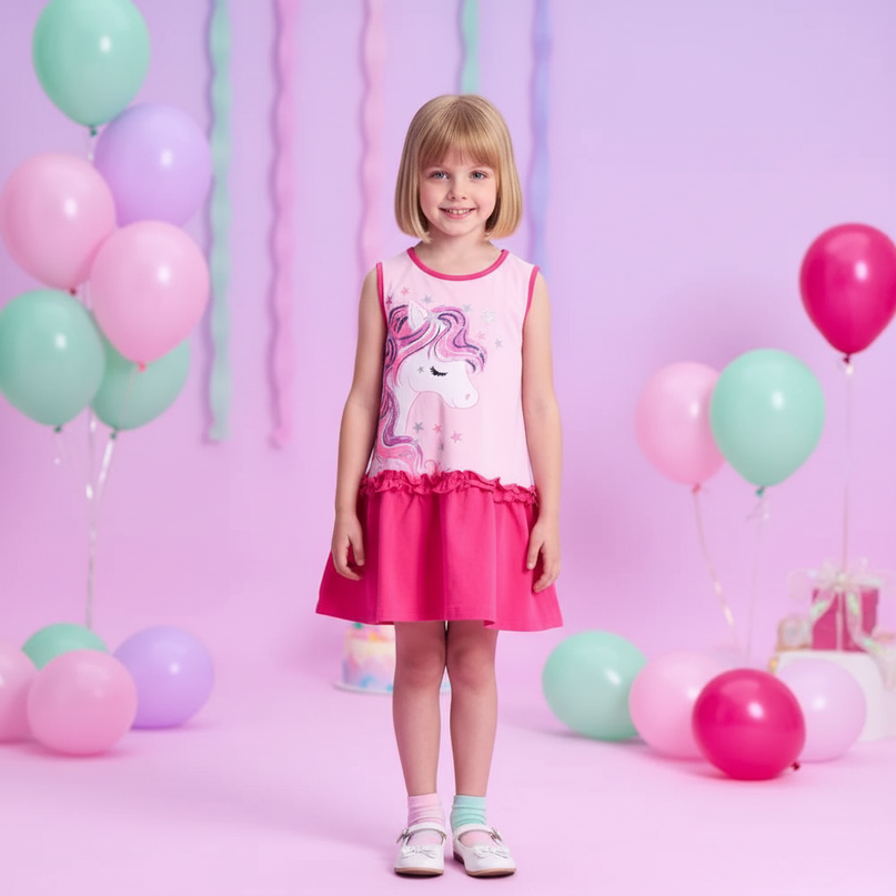 girls sleeveless unicorn print dress - detail