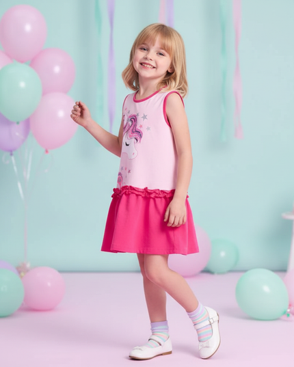 girls sleeveless unicorn print dress - front