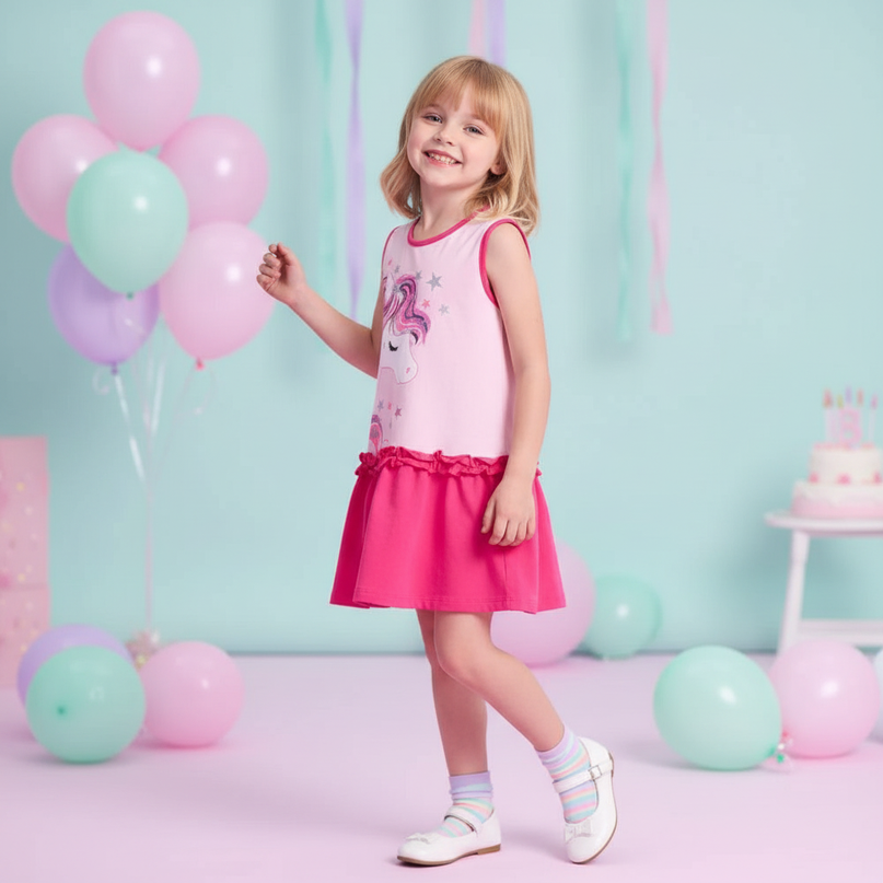 girls sleeveless unicorn print dress - front