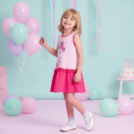 girls sleeveless unicorn print dress - front