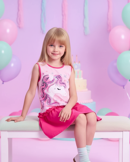 girls sleeveless unicorn print dress - sitting