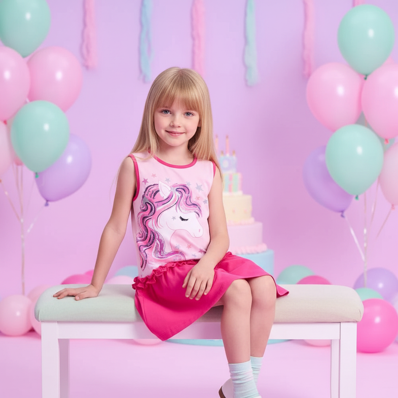 girls sleeveless unicorn print dress - sitting