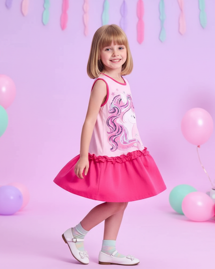 girls sleeveless unicorn print dress - three-quarter