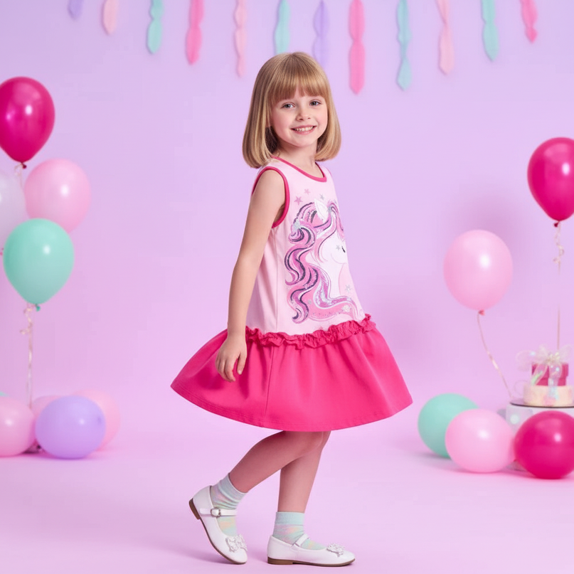 girls sleeveless unicorn print dress - three-quarter