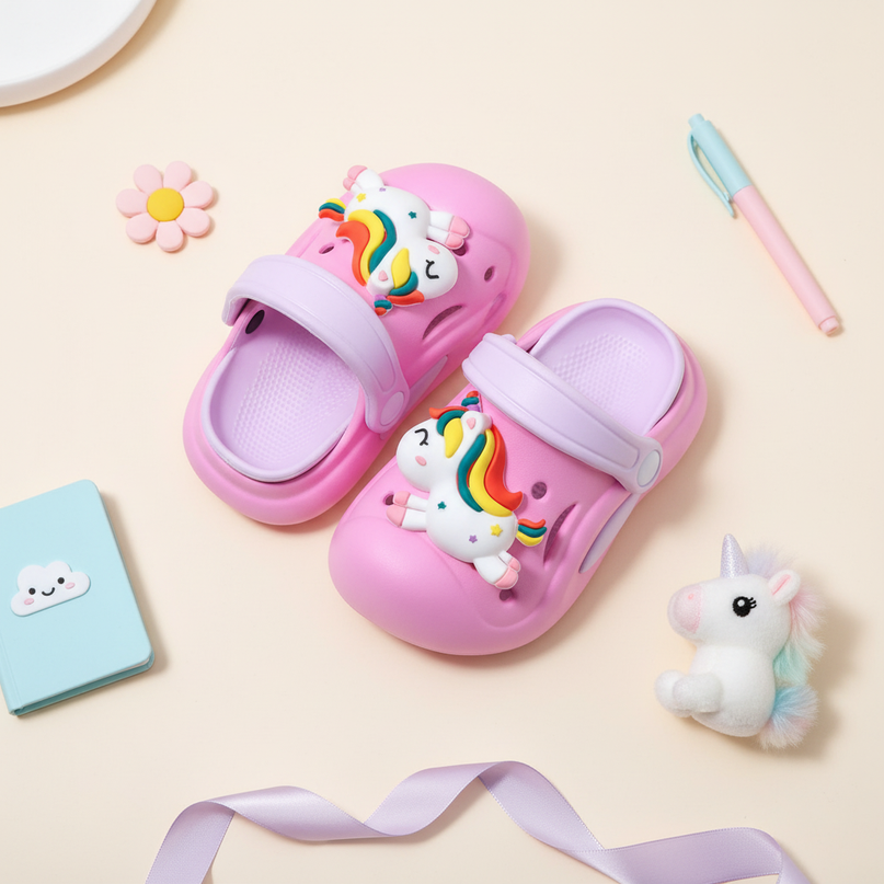 girls unicorn clogs - flat-lay
