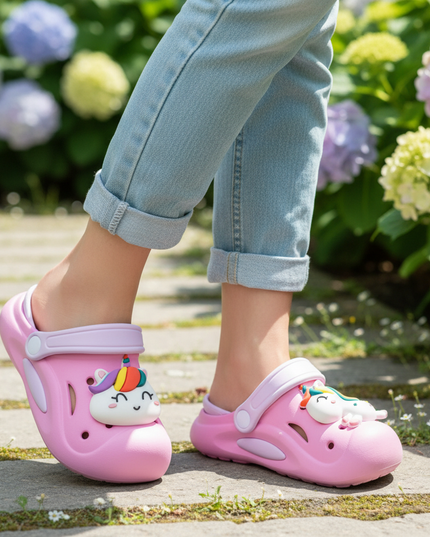girls unicorn clogs - in-use