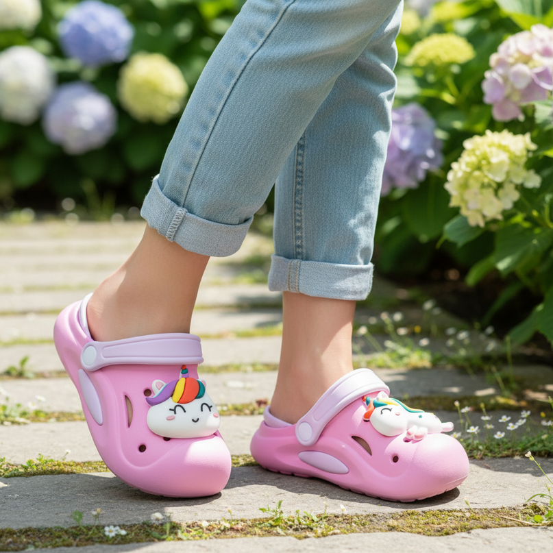 girls unicorn clogs - in-use
