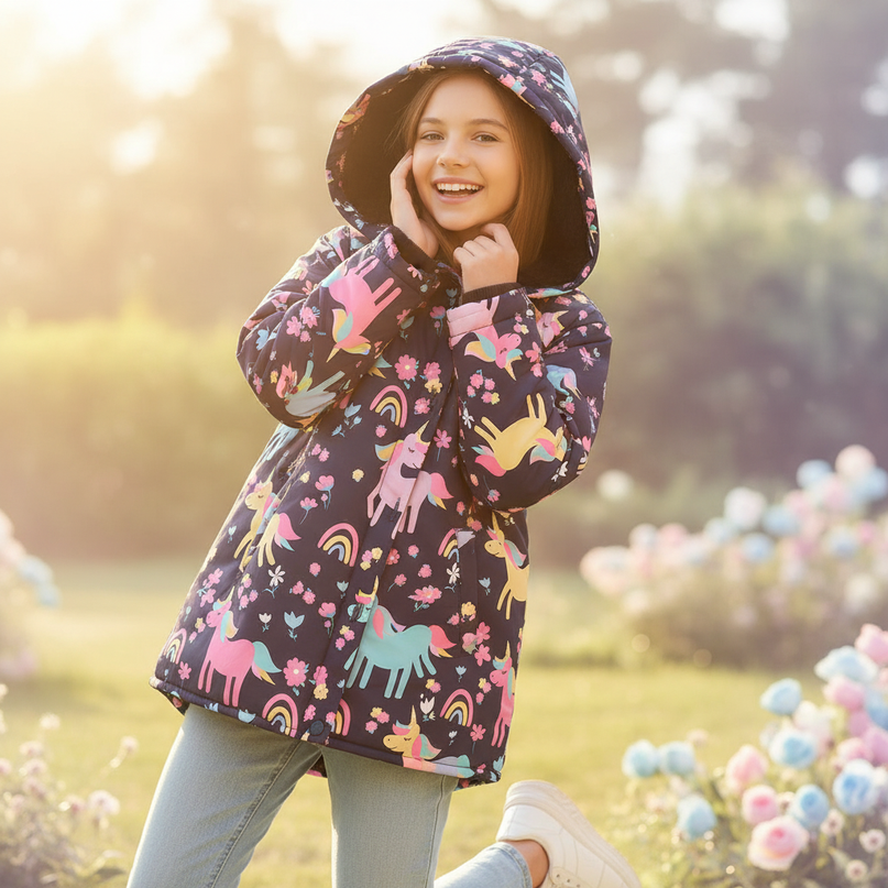girls unicorn coat - in-use