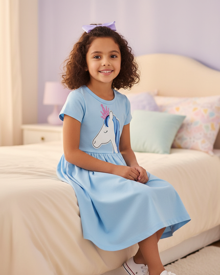 girls unicorn cotton dress - sitting