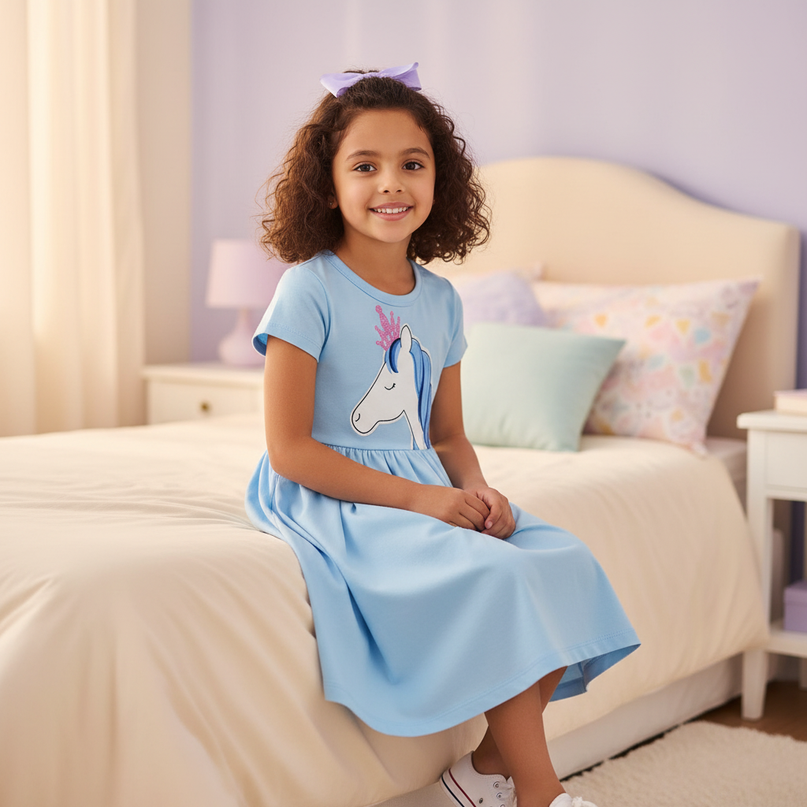 girls unicorn cotton dress - sitting
