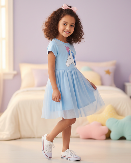 girls unicorn cotton dress - three-quarter