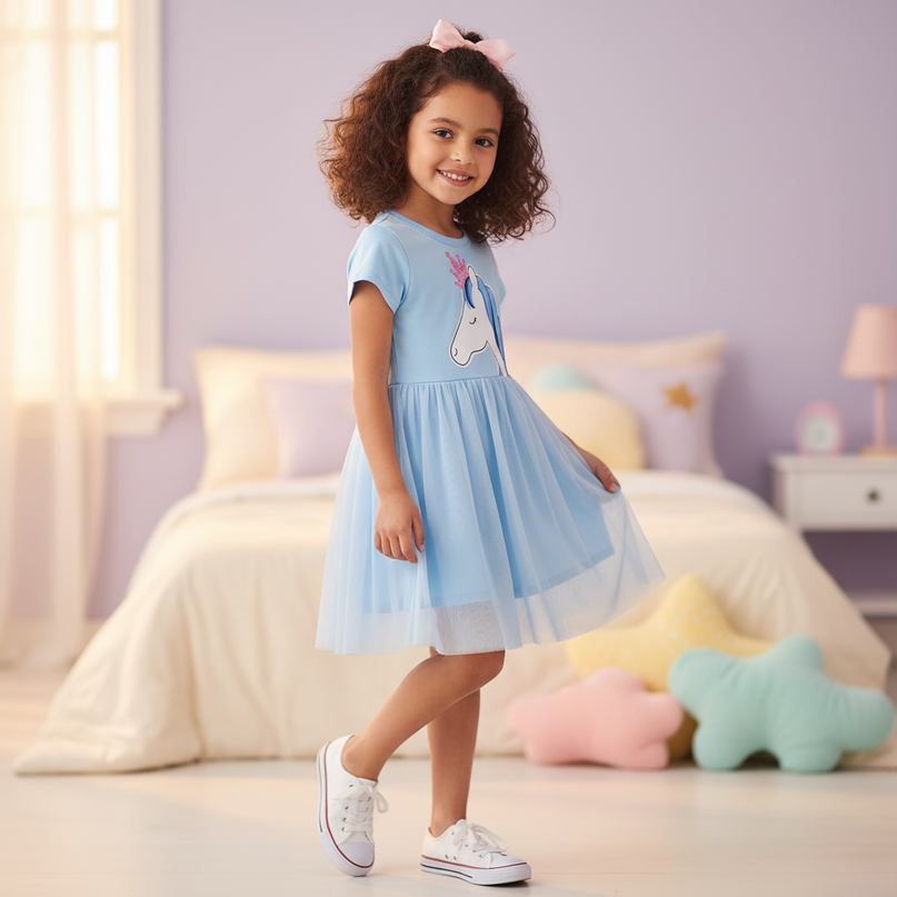 girls unicorn cotton dress - three-quarter