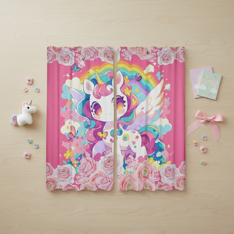 girls unicorn curtains - flat-lay