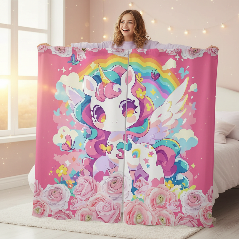 girls unicorn curtains - in-use