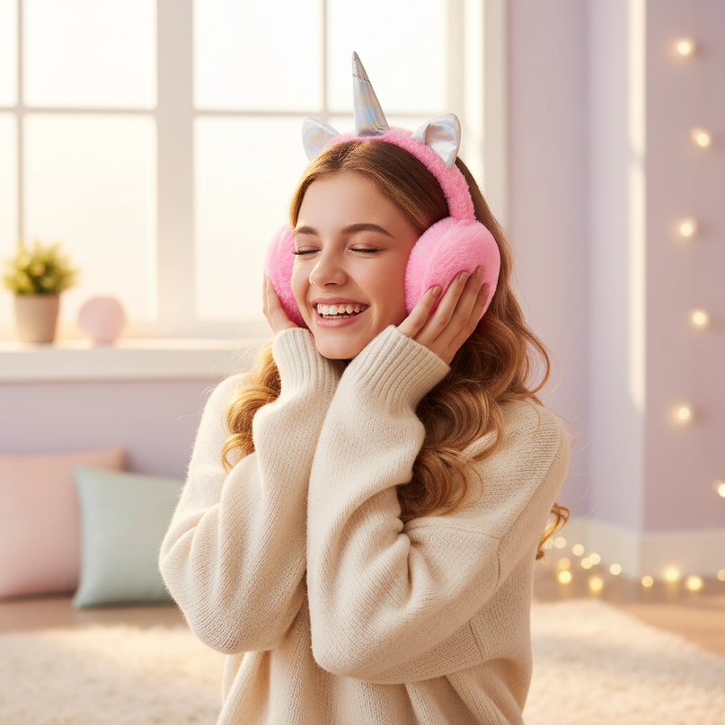 girls unicorn earmuffs - in-use