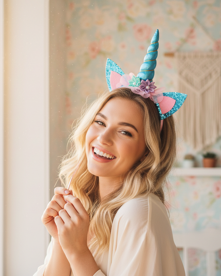 girls unicorn headband - in-use