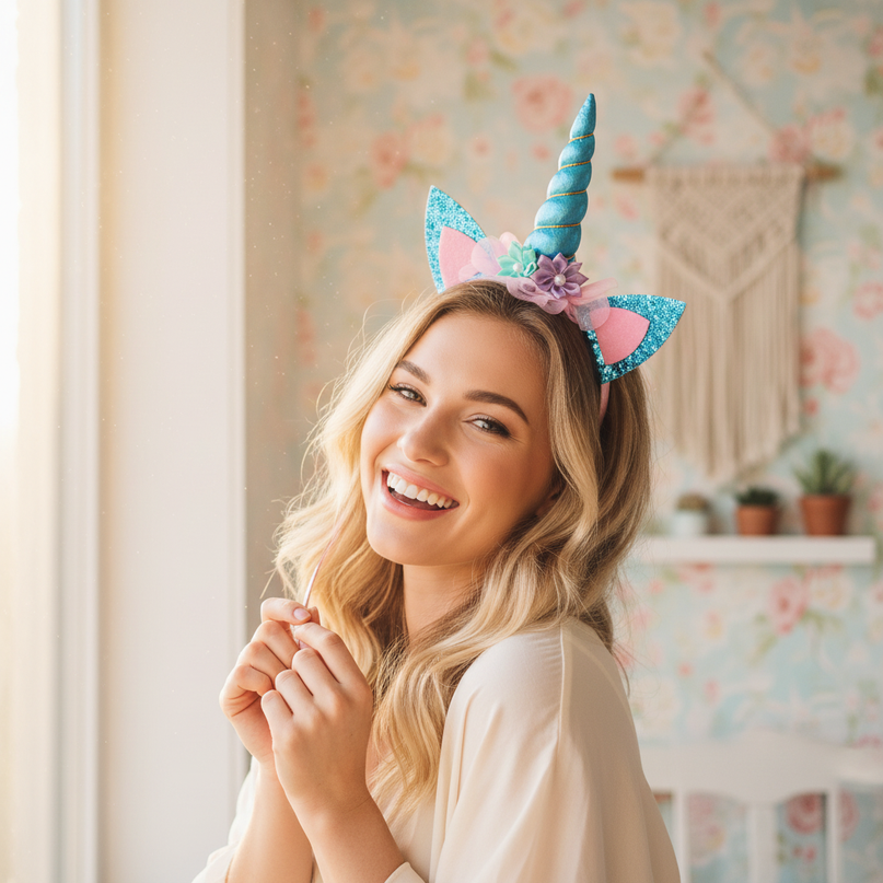 girls unicorn headband - in-use