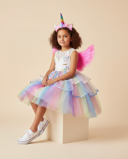 girls unicorn led birthday dress set - sitting