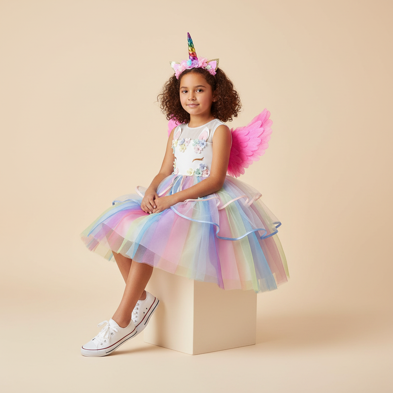 girls unicorn led birthday dress set - sitting