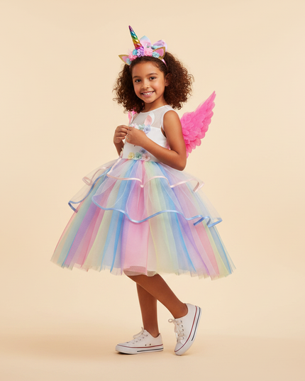 girls unicorn led birthday dress set - three-quarter