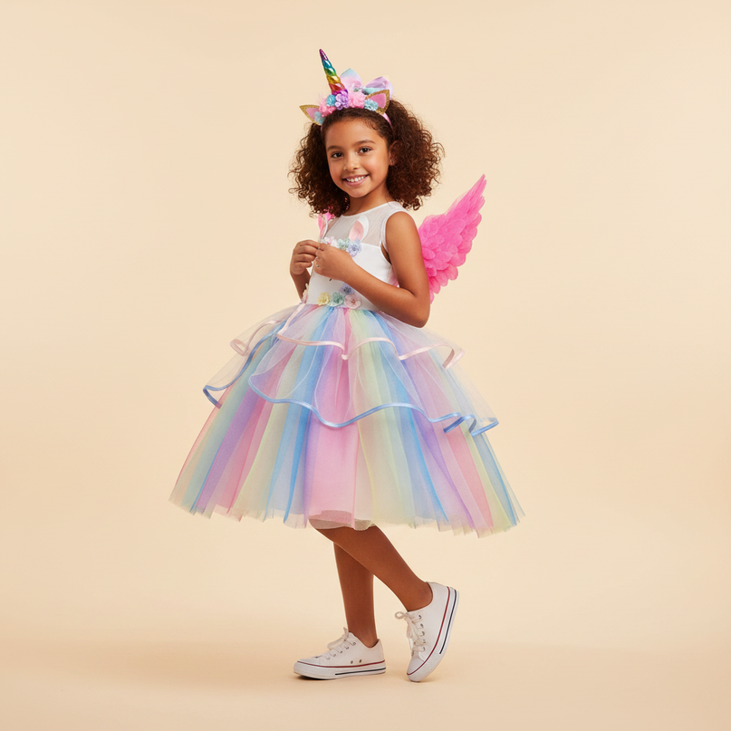 girls unicorn led birthday dress set - three-quarter