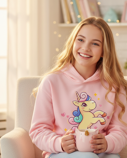 girls unicorn pullover hoodie - in-use