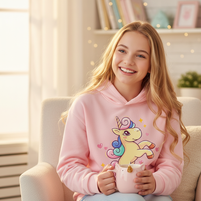 girls unicorn pullover hoodie - in-use