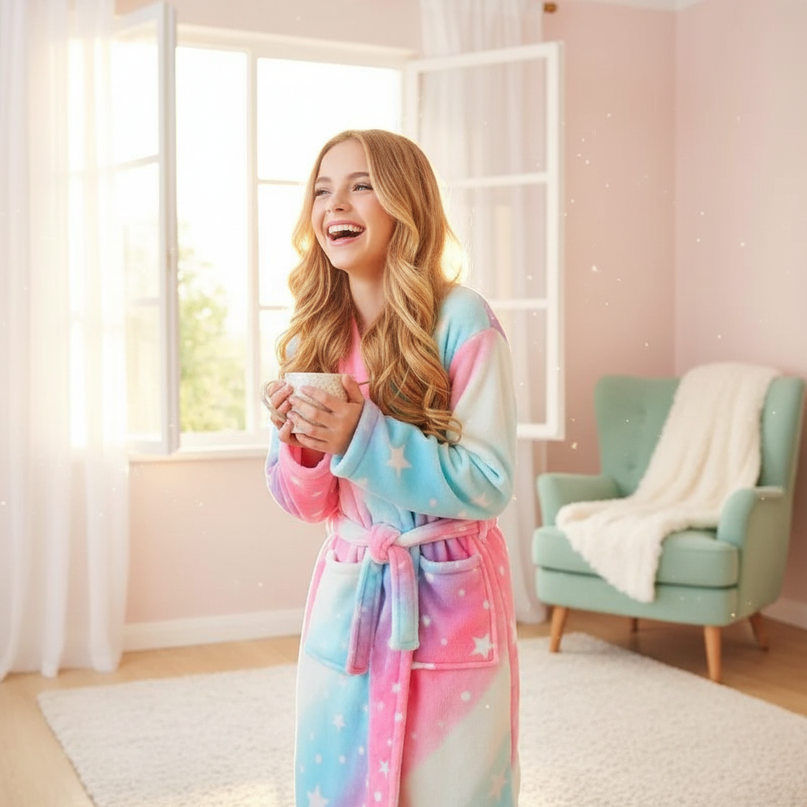 girls unicorn robe - in-use