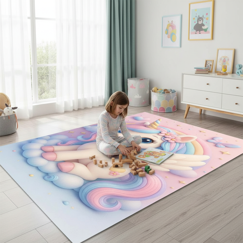 girls unicorn rug - in-use