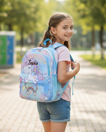 girls unicorn school backpack - in-use