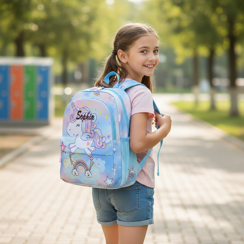 girls unicorn school backpack - in-use