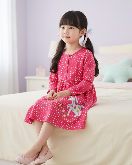 girls unicorn stripe long sleeve dress - sitting