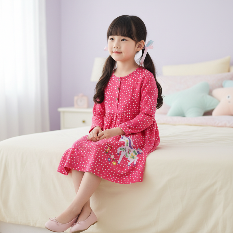 girls unicorn stripe long sleeve dress - sitting