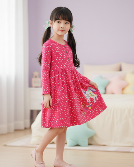 girls unicorn stripe long sleeve dress - three-quarter