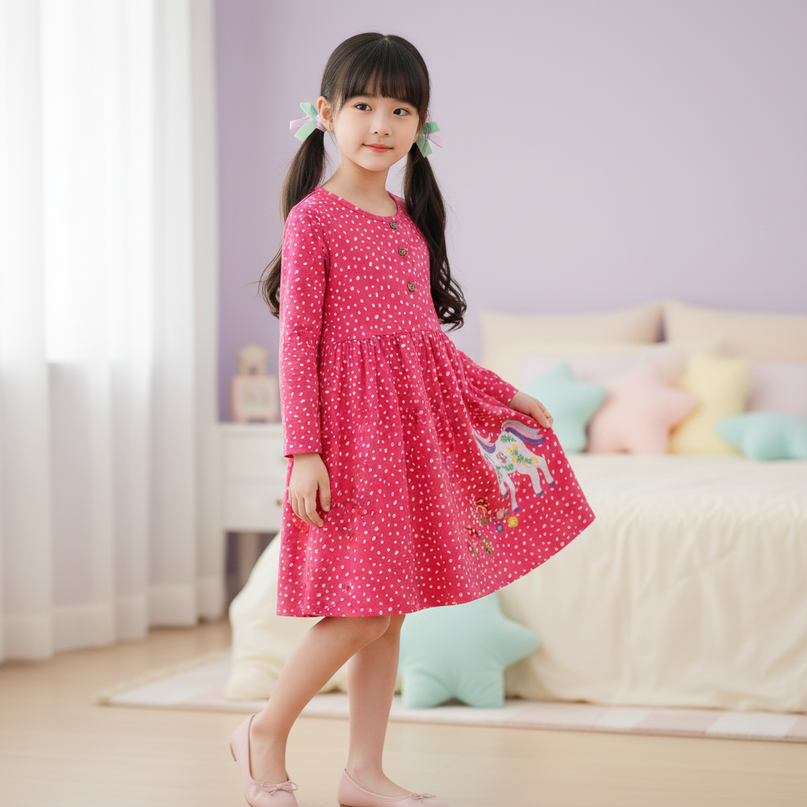 girls unicorn stripe long sleeve dress - three-quarter