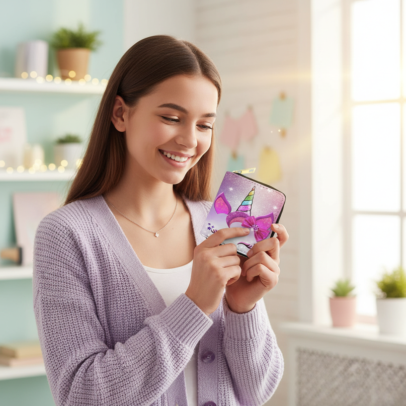 girls unicorn wallet - in-use