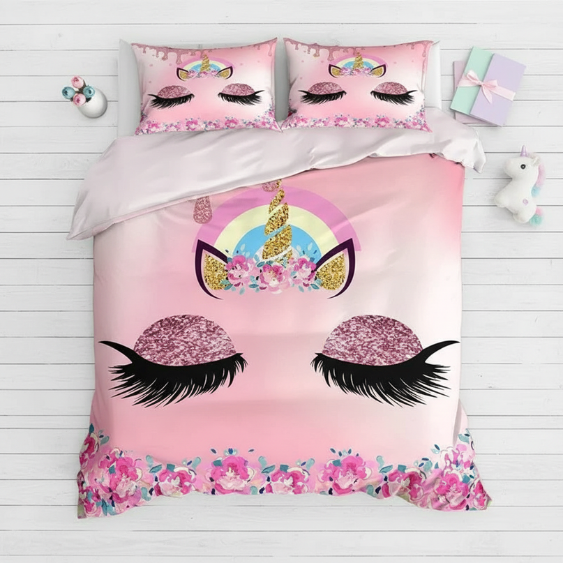 glitter drip unicorn bedding - flat-lay