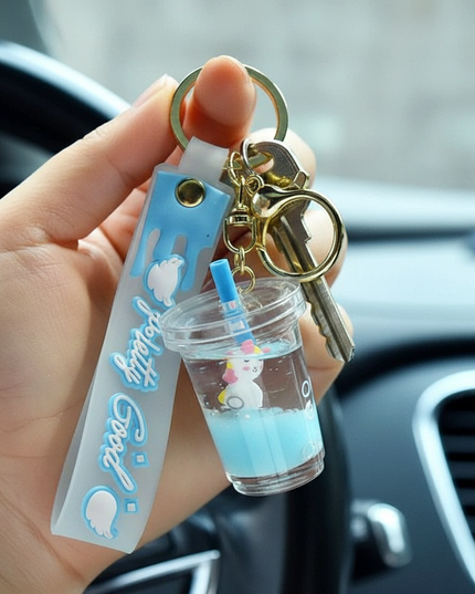 glitter liquid unicorn keychain - in-use
