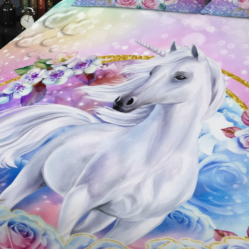 glitter rose frame unicorn bedding - detail